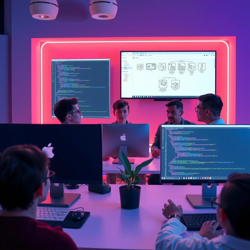 Equipo de desarrollo trabajando en código