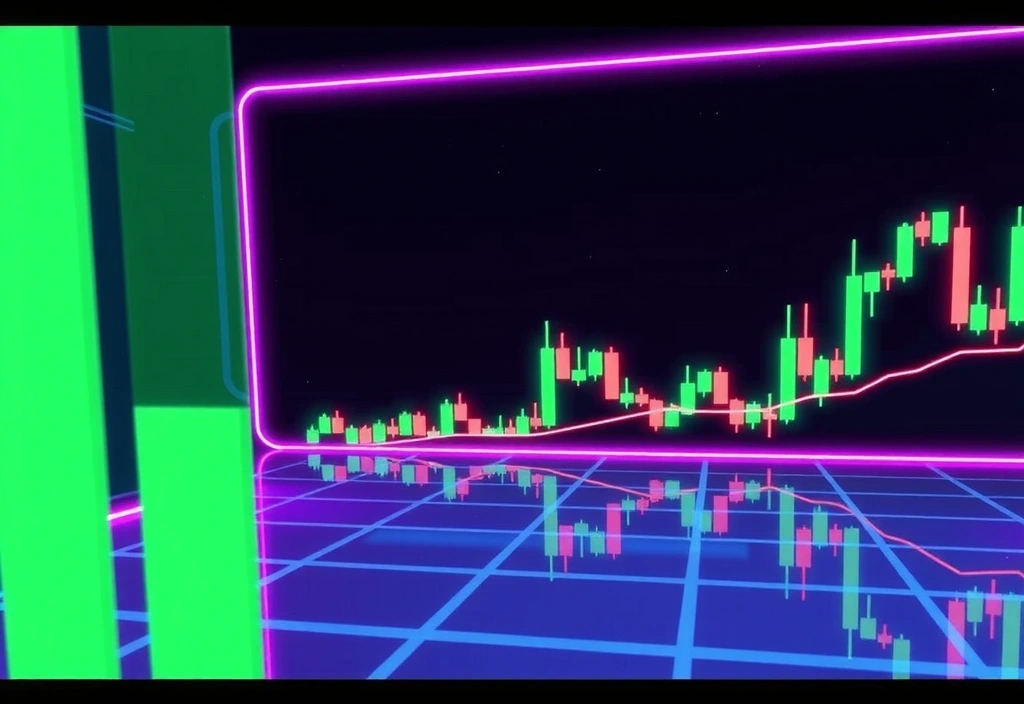 Interfaz de simulación de trading con gráficos de velas japonesas en estilo futurista
